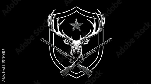 Graphic deer head with crossed shotguns, under star, in crest. White lines on black