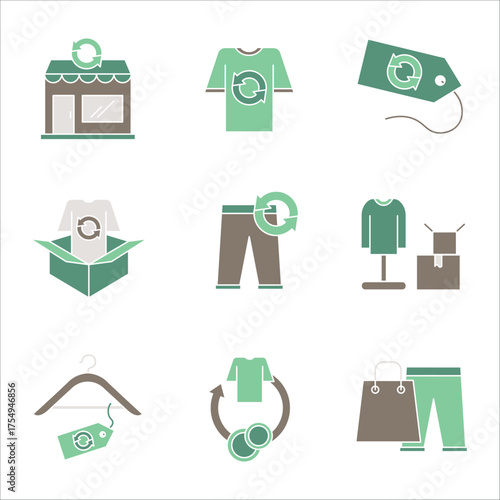 Second hand clothes glyph icon set isolated on white background, thrift fashion store symbols, reusable sustainable merge pictograms