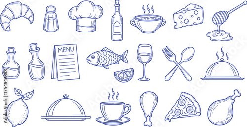 Hand-drawn food icons, restaurant menu, chef's utensils, and various culinary symbols for design