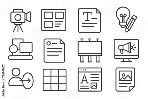 Creative Advertising Icons. Line style round icons of creative advertising: video shoot, campaign storyboard, headline draft,