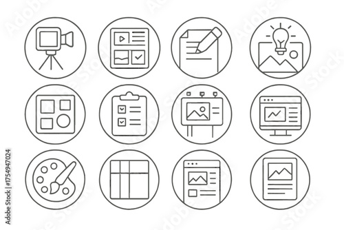 Creative Advertising Icons. Line style round icons of creative advertising: video shoot, campaign storyboard, headline draft,