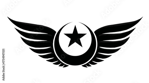 Black, winged emblem with a star inside a crescent moon, on white