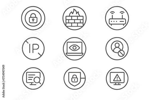 Network Security Icons. Line style round icons of network security: VPN tunnel, network firewall, router icon, IP blocker;