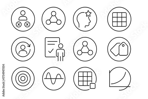 Machine Learning Icons. Line style round icons of machine learning processes: supervised learning, unsupervised learning,