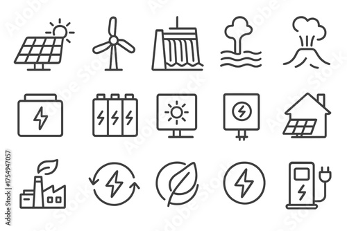Renewable Energy Icons. Line style round icons of renewable energy: solar panel, wind turbine, hydro dam, geothermal icon; energy