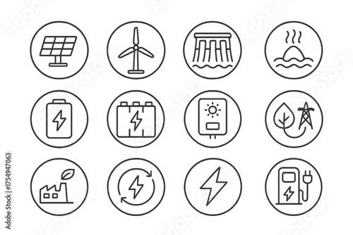 Renewable Energy Icons. Line style round icons of renewable energy: solar panel, wind turbine, hydro dam, geothermal icon; energy