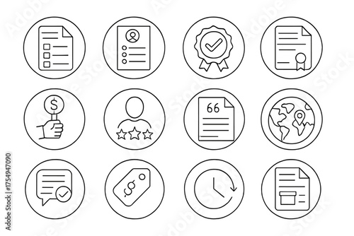 Procurement Line Icons. Line style round icons of procurement and sourcing: purchase order, vendor list, sourcing badge, contract