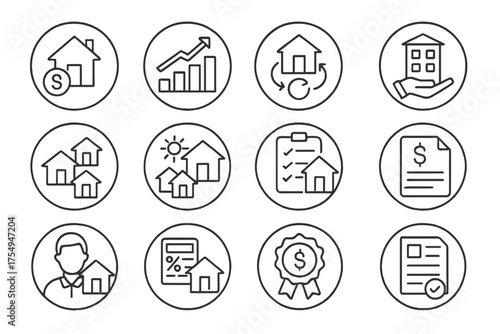 Property Investment Icons. Line style round icons of property investment: rental income, ROI chart, cash flow icon, investment