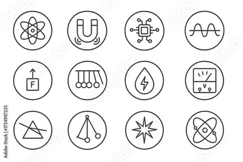 Physics Energy Icons. Line style round icons of physics and energy: atom model, magnet icon, circuit board, wave pattern; force