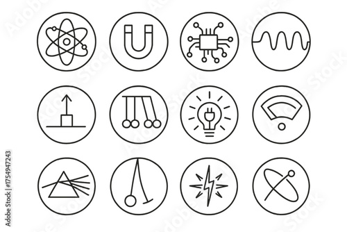 Physics Energy Icons. Line style round icons of physics and energy: atom model, magnet icon, circuit board, wave pattern; force