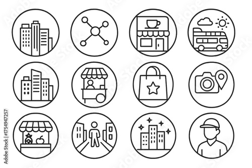 City Tourism Icons. Line style round icons of city tourism: skyline icon, subway map, coffee shop, sightseeing tour; downtown icon