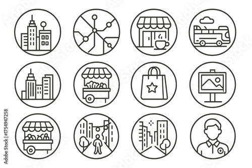 City Tourism Icons. Line style round icons of city tourism: skyline icon, subway map, coffee shop, sightseeing tour; downtown icon