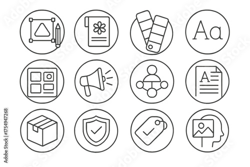 Brand Identity Icons. Line style round icons of brand identity: logo design, brand guide, color palette, typography icon; mood