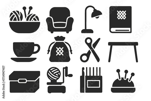 Knitting Workspace Icons. Solid style icons of Knitting workspace setup: yarn basket, comfy chair, knitting light, pattern book,
