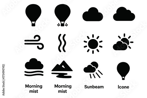 Balloon Flight Icons. Solid style icons of Balloon flight elements: rising balloon, descending balloon, drifting cloud, wind gust,