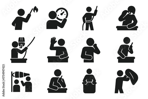 Balloon Pilot Icons. Solid style icons of Balloon pilot actions: lighting burner, checking altimeter, pulling vent line, steering