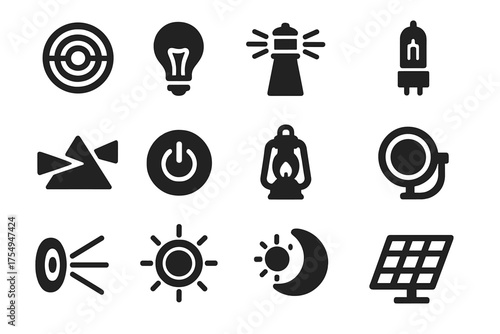 Lighthouse Lighting Icons. Solid style icons of Lighthouse lighting technology: Fresnel lens, electric light, rotating beam,