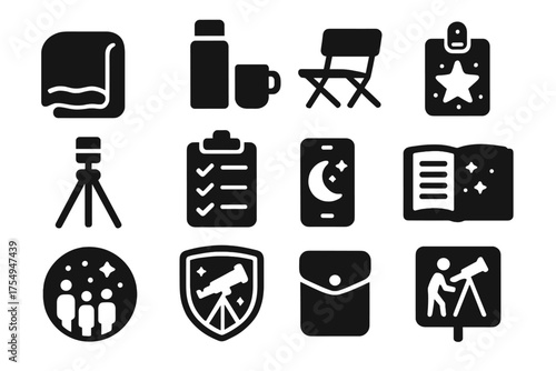 Astronomy Essentials Icons. Solid style icons of Nighttime astronomy culture: warm blanket, thermos cup, foldable chair, star