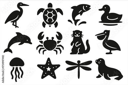 Wildlife Paddleboarding Icons. Solid style icons of Wildlife spotted while paddleboarding: heron, turtle, jumping fish, duck,