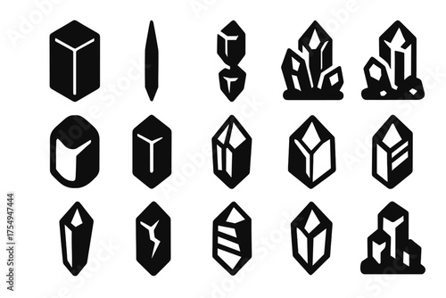 Crystal Icon Collection. Solid style icons of Crystal growth and shapes: hexagonal prism, needle crystal, scepter quartz, elestial