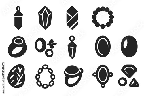 Jewelry and Quartz Icons. Solid style icons of Jewelry and crafted quartz: crystal pendant, faceted gem, wire wrap, bead bracelet,