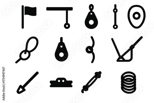 Sailboat Rigging Icons. Solid style icons of Sailboat rigging and hardware: halyard, boom, shroud, sheet line, block pulley,