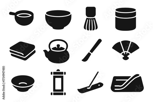 Traditional Tea Tools. Solid style icons of Traditional tea tools: matcha sifter, chawan bowl, chasen stand, tea container, tea