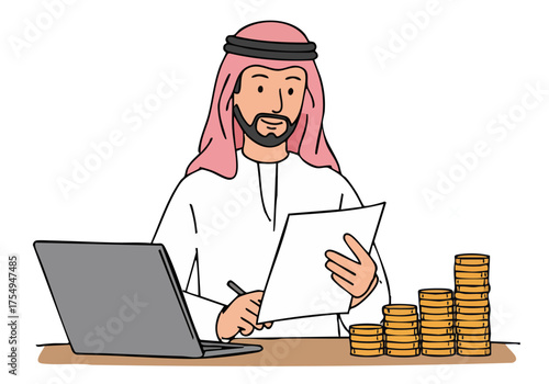 A Middle Eastern businessman reviews financial documents on a laptop, with a stack of coins nearby. Modern, professional illustration.