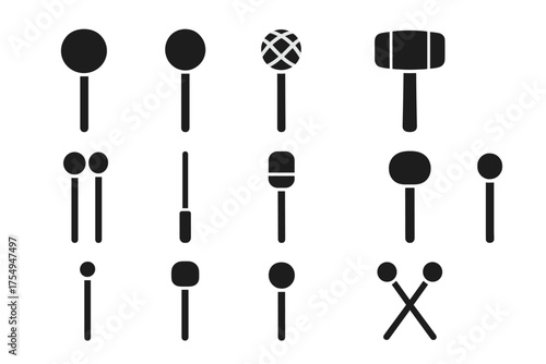 Percussion Mallet Icons. Solid style icons of Percussion mallet types: soft mallet, hard mallet, yarn-wrapped mallet, rubber