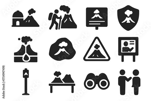 Volcano Tourism Icons. Solid style icons of Volcanic tourism and education: volcano observatory, guided hike, educational sign,