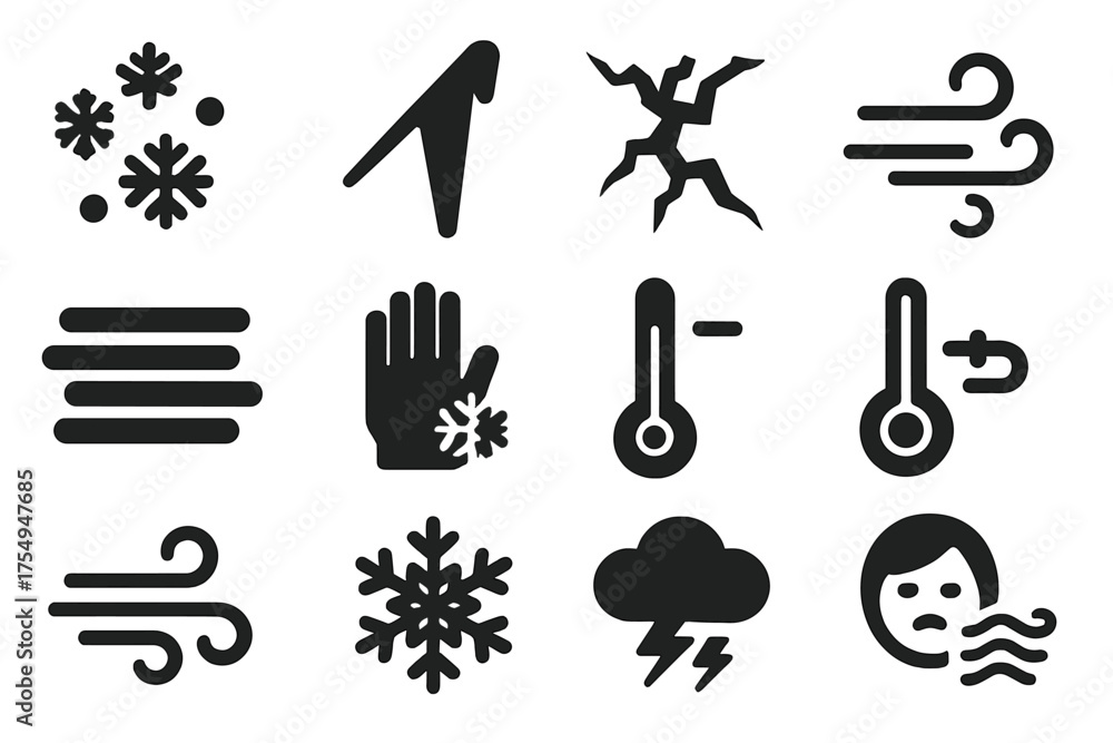 Solid Ice Weather Icons. Solid style icons of Ice and weather conditions: snow flurry, falling icicle, ice fracture, blowing wind,