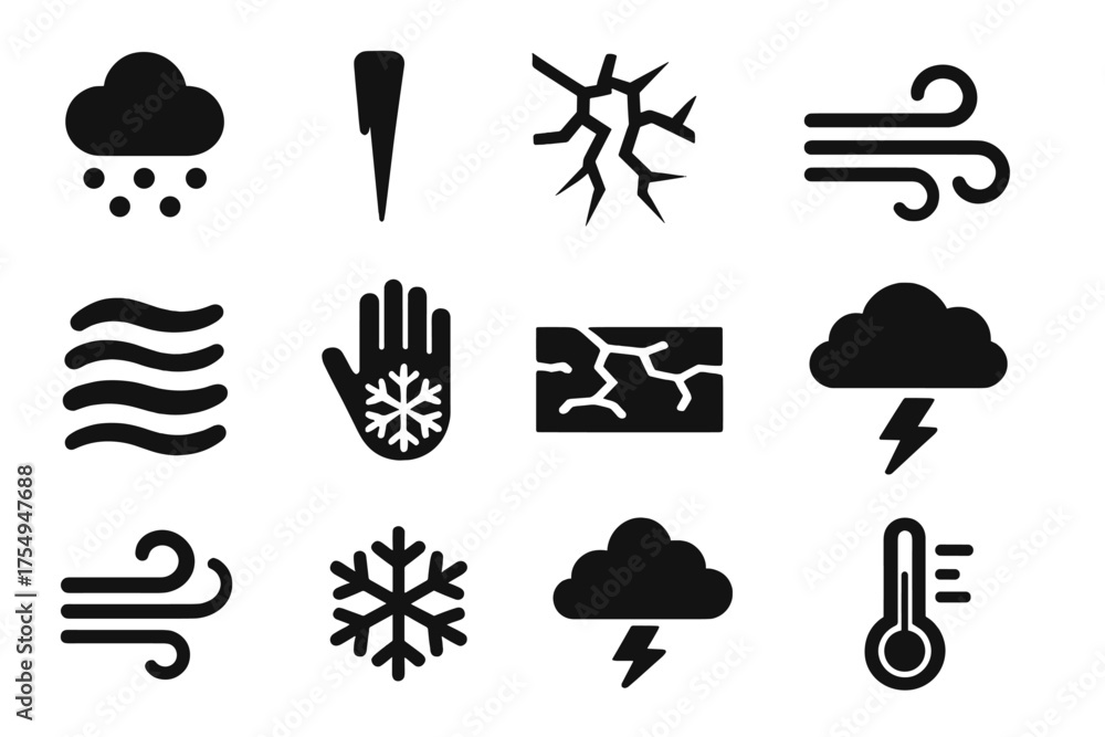 Solid Ice Weather Icons. Solid style icons of Ice and weather conditions: snow flurry, falling icicle, ice fracture, blowing wind,