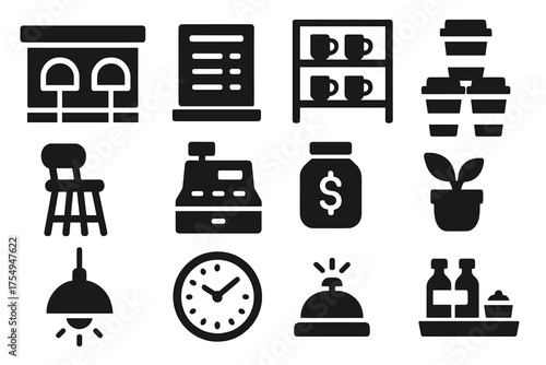 Espresso Bar Icon Set. Solid style icons of Espresso bar setup: bar counter, menu board, coffee shelf, cup stack, barstool,