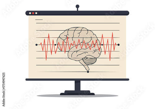 modern illustration depicts a brain with a fluctuating neural wave overlaid on a projector screen displaying the text -Train Your Brain
