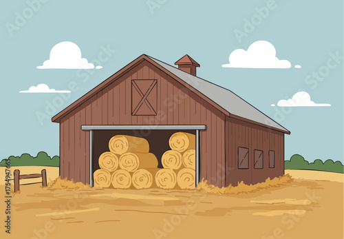 A rustic barn overflowing with hay bales. A charming rural scene, perfect for autumn or harvest themes. ?Stack the season? text adds a playful touch.