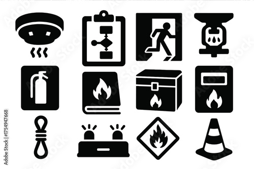 Fire Safety Icons. Solid style icons of Fire prevention and safety: smoke detector, fire drill chart, exit route, sprinkler head,