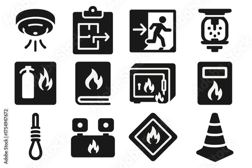 Fire Safety Icons. Solid style icons of Fire prevention and safety: smoke detector, fire drill chart, exit route, sprinkler head,