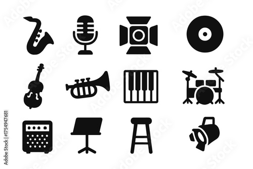 Jazz Club Essentials. Solid style icons of Jazz club essentials: saxophone, microphone, stage light, record, upright bass, trumpet