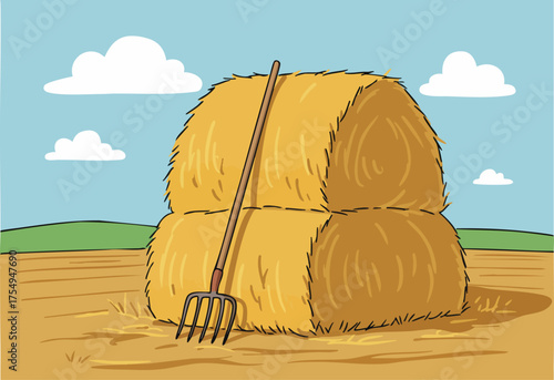 A rustic hay bale stack with a pitchfork, set against a sunny rural backdrop. Evokes a feeling of passion and hard work. Simple, appealing composition.