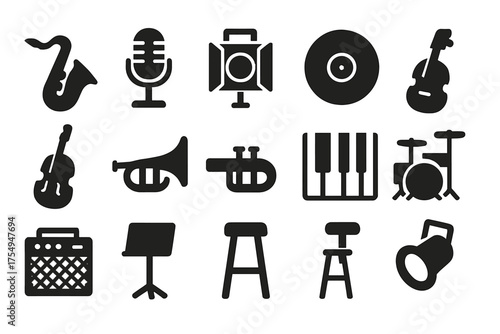Jazz Club Essentials. Solid style icons of Jazz club essentials: saxophone, microphone, stage light, record, upright bass, trumpet