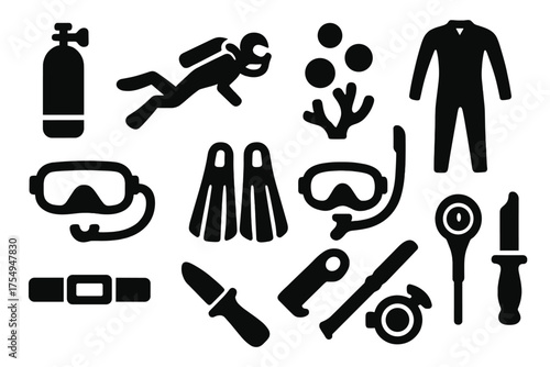 Scuba Diving Essentials Icons. Solid style icons of Scuba diving essentials: oxygen tank, diver, bubbles, coral, diving mask,