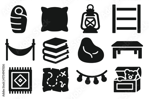 Cozy Interior Icons. Solid style icons of Interior features and furniture: sleeping bag, cozy cushion, lantern light, wood shelf,