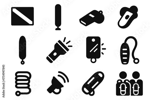 Safety Dive Tools Icons. Solid style icons of Safety and communication tools: dive flag, surface marker buoy, whistle, safety