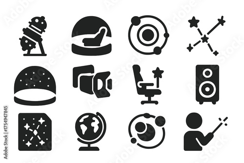 Planetarium Essentials. Solid style icons of Planetarium essentials: projector, dome seat, solar system, constellation, curved