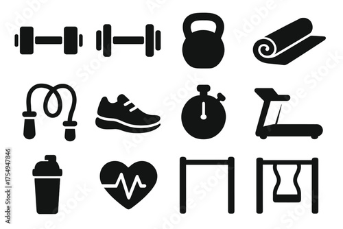Fitness Icon Collection. Solid style icons of Fitness Training: Dumbbell, Barbell, Kettlebell, Yoga Mat, Jump Rope, Running Shoe,