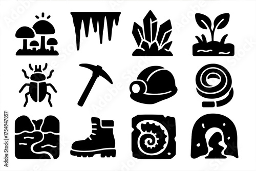 Underground Exploration Icons. Solid style icons of underground exploration: Glowing mushrooms, stalactites, crystal clusters,