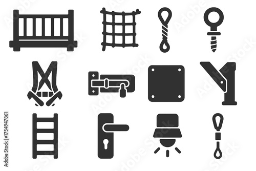 Treehouse Safety Icons. Solid style icons of Treehouse safety and access: guard rail, climbing net, secure rope, anchor bolt,