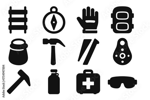 Speleology Tools Icons. Solid style icons of speleology tools: Rope ladder, compass, climbing gloves, knee pads, chalk bag, hammer