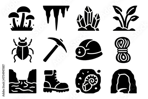 Underground Exploration Icons. Solid style icons of underground exploration: Glowing mushrooms, stalactites, crystal clusters,