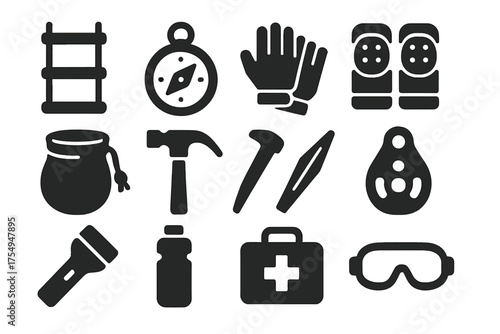 Speleology Tools Icons. Solid style icons of speleology tools: Rope ladder, compass, climbing gloves, knee pads, chalk bag, hammer